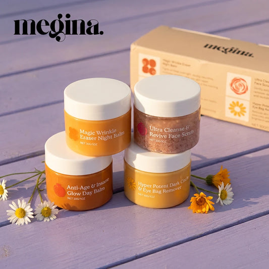 Megina dagkräm, nattkräm, ögonkräm och face scrub